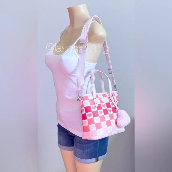 Women Bags Pink Heart Checker Tote Bag with Pom Charm - Picture 7 of 8